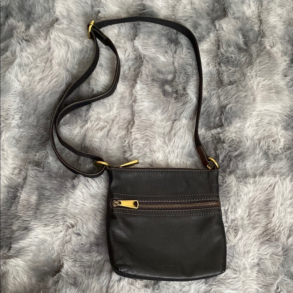 Fossil cow hide leather Black Leather Crossbody Bag with Gold Accents